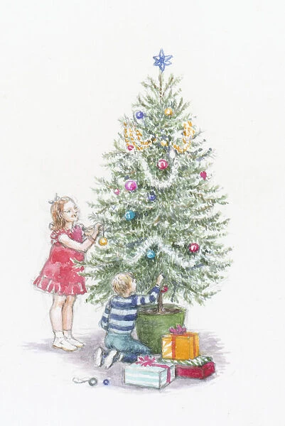 Illustration of boy and girl decorating christmas tree
