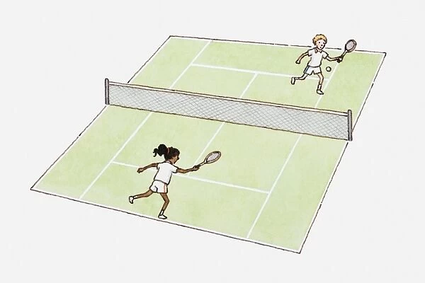 Illustration of boy and girl playing tennis