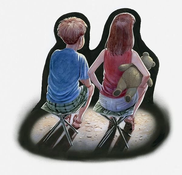 Illustration of boy and girl sitting side by side on fold-away stools, the girl with a teddy under her arm, rear view