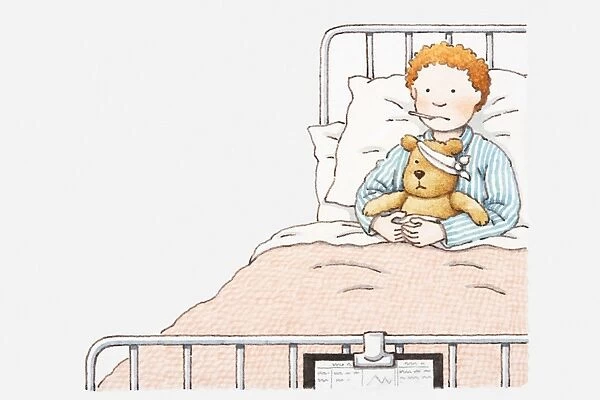 Illustration of a boy in hospital bed, with thermometer in his mouth and his arms around a teddy