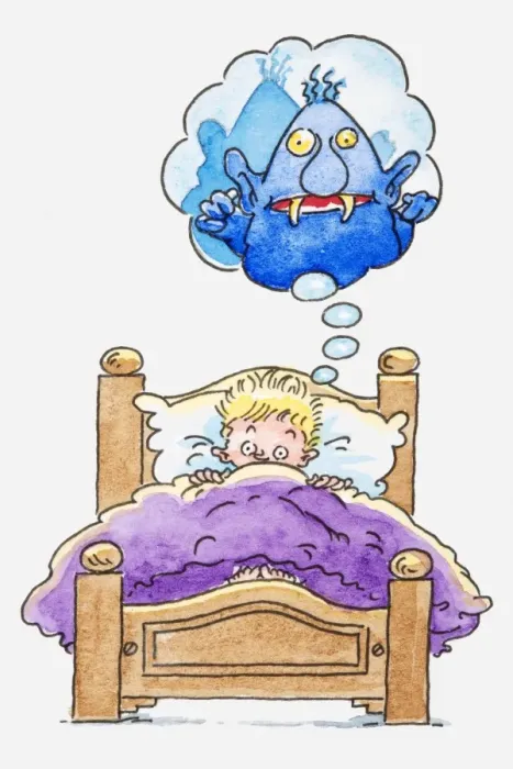 Framed Print : Illustration of a boy lying in bed, thought bubble with monster inside it above his head Framed Print : Illustration of a boy lying in bed, thought bubble with monster inside it above his head