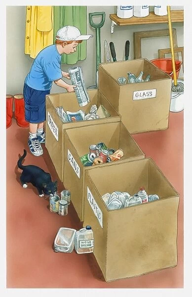 Illustration of boy placing newspaper in paper container, various other recycling containers nearby