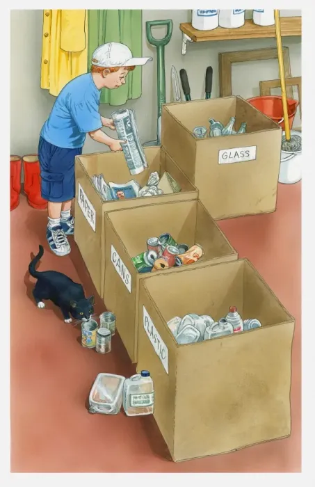 Framed Print : Illustration of boy placing newspaper in paper container, various other recycling containers nearby
