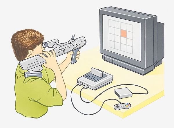 Illustration of boy playing computer game on games console using light gun controller