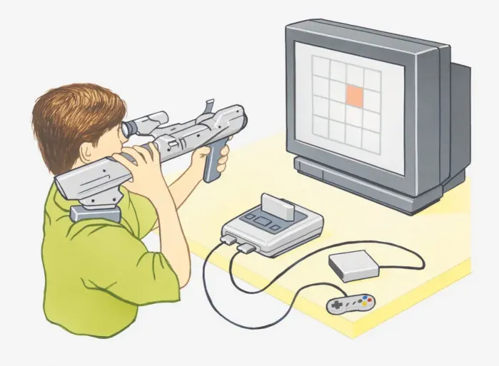 Framed Print : Illustration of boy playing computer game on games console using light gun controller Framed Print : Illustration of boy playing computer game on games console using light gun controller