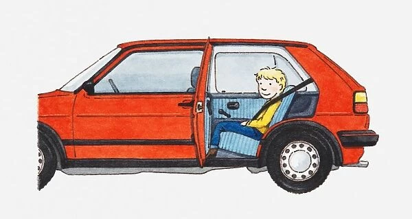 Illustration of a boy on back seat of a car with seat belt on