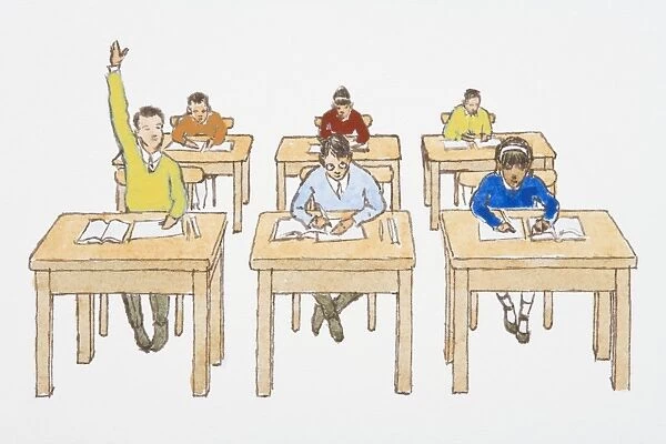 Illustration of boy sitting at desk with arm raised in classroom of students