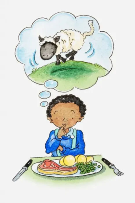 Framed Print : Illustration of boy sitting at table, plate of meat and vegetables in front of him, thought bubble showing picture of a sheep Framed Print : Illustration of boy sitting at table, plate of meat and vegetables in front of him, thought bubble showing picture of a sheep