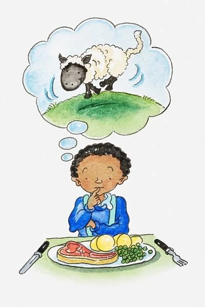 Illustration of boy sitting at table, plate of meat and vegetables in front of him, thought bubble showing picture of a sheep