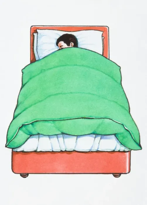 Framed Print : Illustration of boy sleeping in bed below green duvet Framed Print : Illustration of boy sleeping in bed below green duvet