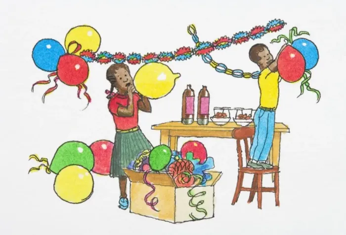Framed Print : Illustration of boy standing on chair to hang party balloons from streamers and girl inflating balloon Framed Print : Illustration of boy standing on chair to hang party balloons from streamers and girl inflating balloon
