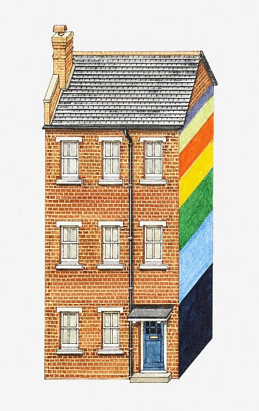 Illustration of brick house with one side painted in a pattern of colourful stripes