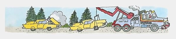 Illustration of broken down car and tow truck towing car