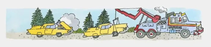 Framed Print : Illustration of broken down car and tow truck towing car