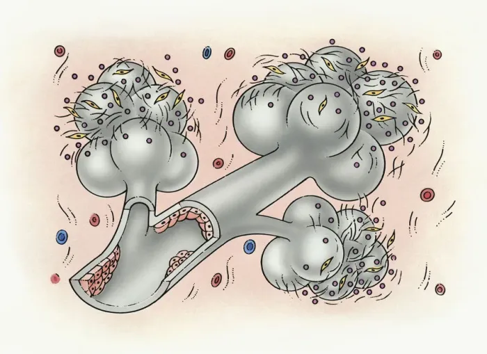 Framed Print : Illustration of bronchus and alveolus covered in inorganic particles, fibroblasts, and growth factor obstructing the internal lining Framed Print : Illustration of bronchus and alveolus covered in inorganic particles, fibroblasts, and growth factor obstructing the internal lining