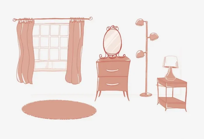 Framed Print : Illustration in brown, showing room with single window and pulled back curtains, furnished with table mirror on top of narrow chest of drawers, lamp stand with three lights, another lamp on console table, round rug on floor Framed Print : Illustration in brown, showing room with single window and pulled back curtains, furnished with table mirror on top of narrow chest of drawers, lamp stand with three lights, another lamp on console table, round rug on floor