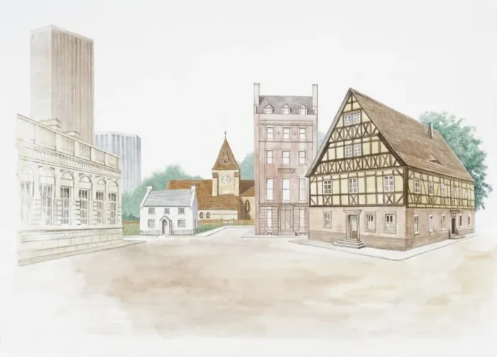 Framed Print : Illustration of buildings built from stone, concrete, and wood Framed Print : Illustration of buildings built from stone, concrete, and wood
