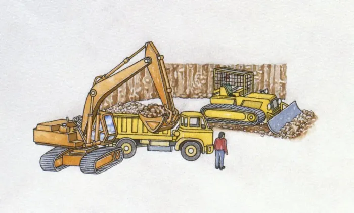 Framed Print : Illustration of bulldozer, excavator and truck on construction site Framed Print : Illustration of bulldozer, excavator and truck on construction site