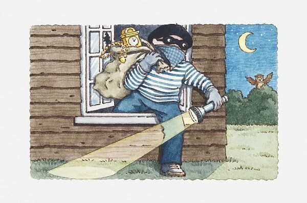 Illustration of burglar climbing out of a window carrying his loot