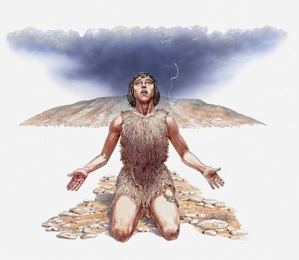 Illustration of Cain on knees, having a mark put on his face, Book of Genesis