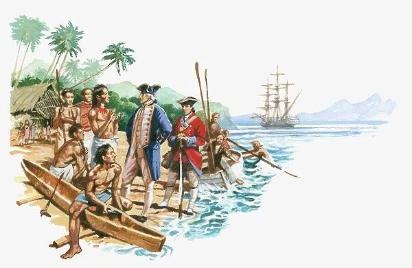 Illustration of Captain Cook arriving in Hawaiian islanders with canoes greeting Captain Cook