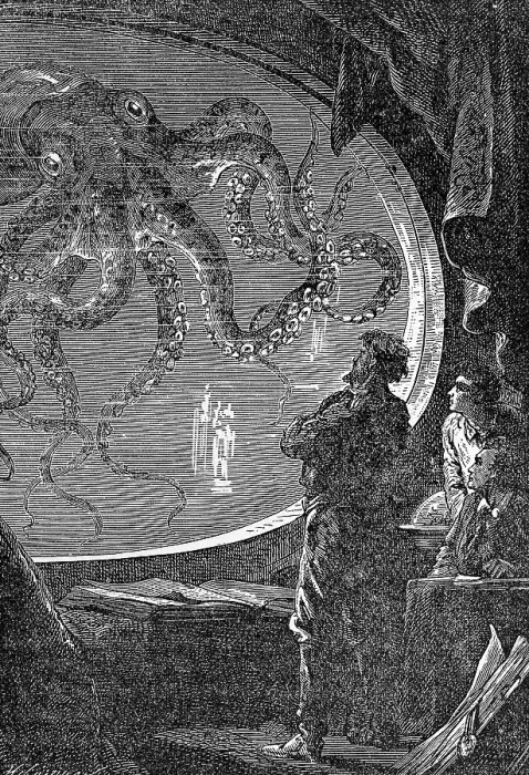 Framed Print : Illustration of Captain Nemo Observing an Octopus Framed Print : Illustration of Captain Nemo Observing an Octopus