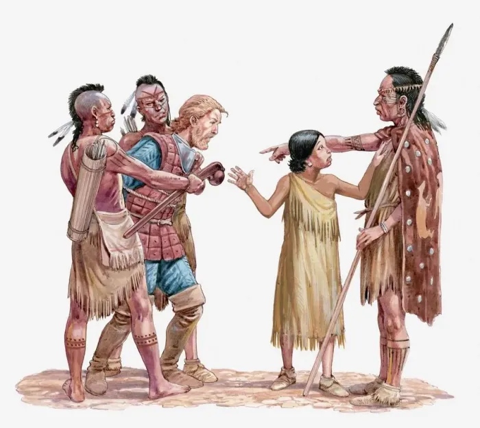 Framed Print : Illustration of Captain Smith being taken prisoner while Pocahontas tries to stop it Framed Print : Illustration of Captain Smith being taken prisoner while Pocahontas tries to stop it
