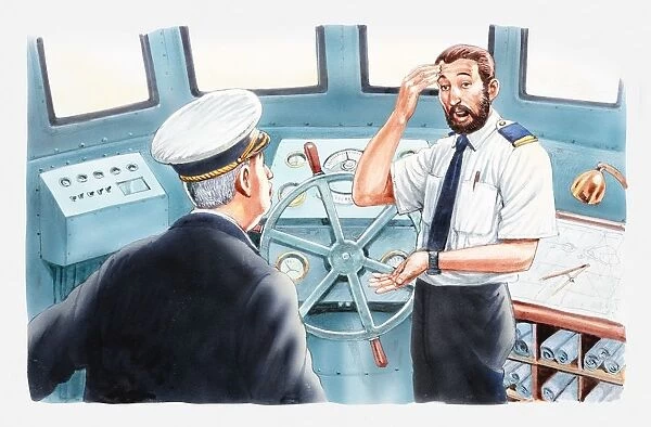 Illustration of captain talking to officer standing at helm on bridge of ship