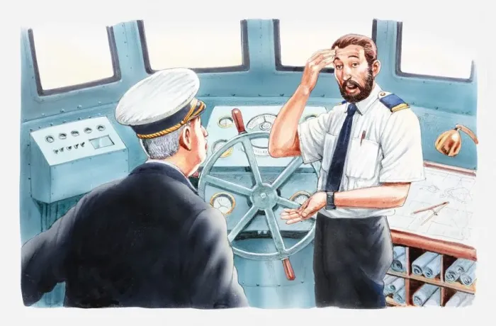 Framed Print : Illustration of captain talking to officer standing at helm on bridge of ship Framed Print : Illustration of captain talking to officer standing at helm on bridge of ship