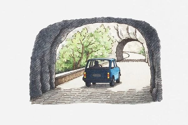 Illustration of car travelling through a serious of tunnels