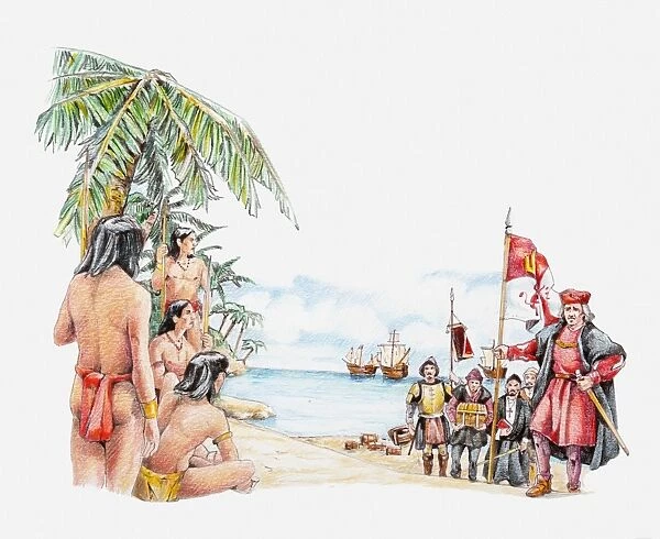 Illustration of Carib and Arawak people greeting Christopher Columbus on his arrival in Caribbean
