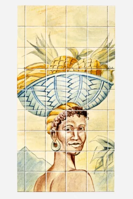 Framed Print : Illustration of Caribbean woman carrying basket of fruit on head