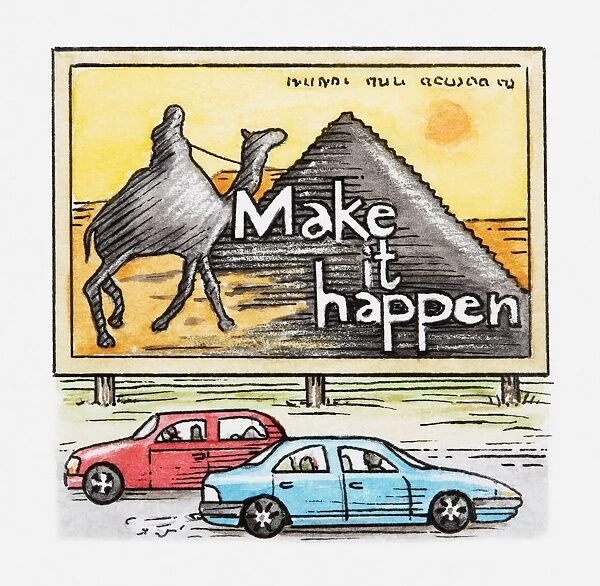 Illustration of cars driving past advertising billboard showing Egyptian pyramids and camel