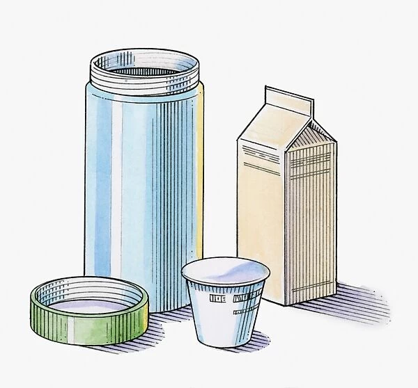 Illustration of carton of milk, pot of yoghurt, drinks flask. and lid