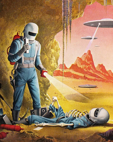 Illustration of cartoon spaceman finding dead colleague