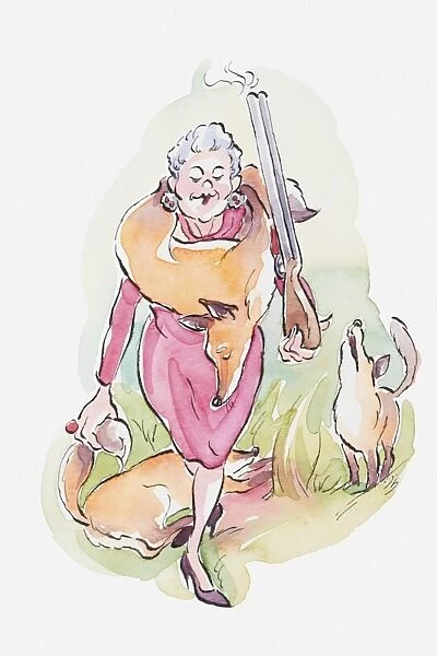 Illustration, cartoon of a woman with a dead fox draped around her neck and holding a smoking shotgun, a dead fox and a howling fox in the background