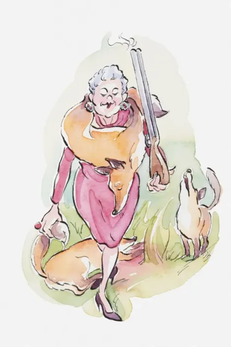 Framed Print : Illustration, cartoon of a woman with a dead fox draped around her neck and holding a smoking shotgun, a dead fox and a howling fox in the background Framed Print : Illustration, cartoon of a woman with a dead fox draped around her neck and holding a smoking shotgun, a dead fox and a howling fox in the background