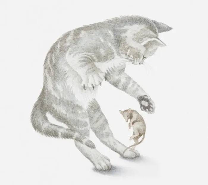 Framed Print : Illustration of a cat trying to catch a mouse Framed Print : Illustration of a cat trying to catch a mouse