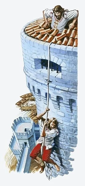Illustration of Cellini escaping from Roman fortress prison using rope made from tied sheets