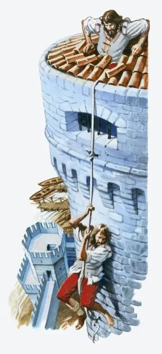 Framed Print : Illustration of Cellini escaping from Roman fortress prison using rope made from tied sheets Framed Print : Illustration of Cellini escaping from Roman fortress prison using rope made from tied sheets