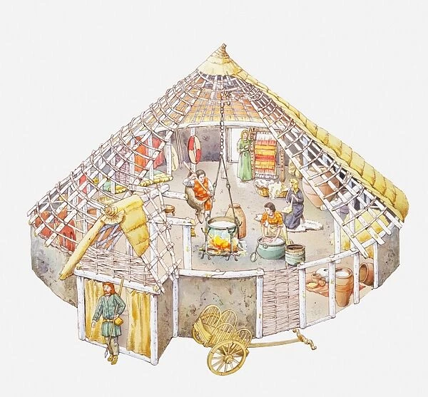 Illustration of a Celtic home showing cooking cauldron hanging on a cross-beam from the wooden frame of the house, walls made from woven branches, thatched roof, people engaged in household jobs