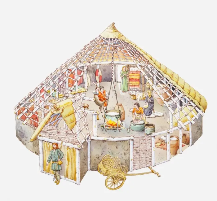 Framed Print : Illustration of a Celtic home showing cooking cauldron hanging on a cross-beam from the wooden frame of the house, walls made from woven branches, thatched roof, people engaged in household jobs Framed Print : Illustration of a Celtic home showing cooking cauldron hanging on a cross-beam from the wooden frame of the house, walls made from woven branches, thatched roof, people engaged in household jobs