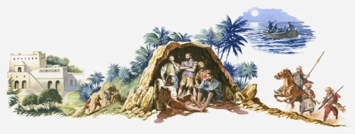 Framed Print : Illustration of Cervantes and slaves hiding in a cave as Algerian soldiers search for them on horseback and boat attempts to rescue them
