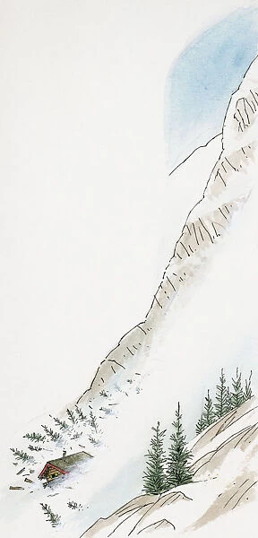 Illustration of chalet sliding down snow-covered mountain during avalanche