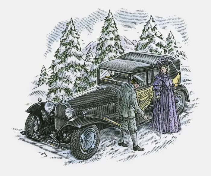 Framed Print : Illustration of chauffeur and passenger next to Rolls Royce stranded on icy road Framed Print : Illustration of chauffeur and passenger next to Rolls Royce stranded on icy road