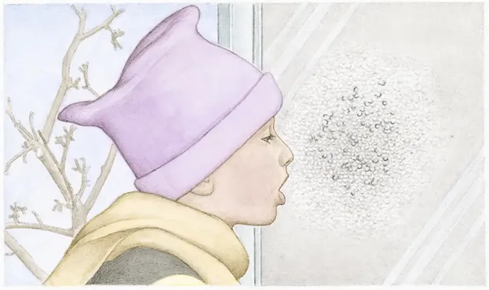 Framed Print : Illustration of child exhaling hot breath on cold window causing condensation Framed Print : Illustration of child exhaling hot breath on cold window causing condensation