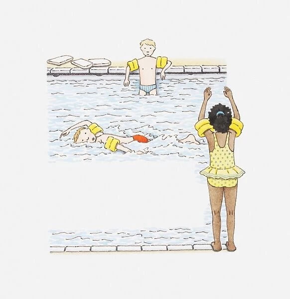 Illustration of children swimming in a pool and standing at edge of pool ready to dive in, all wearing water wings