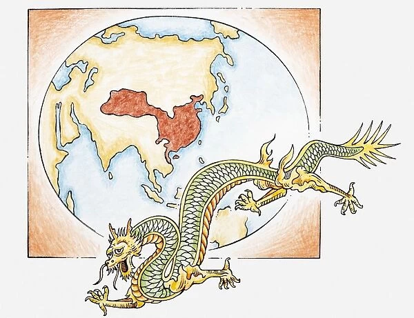 Illustration of Chinese dragon in front of map of China c. AD626 in the era of the T ang dynasty
