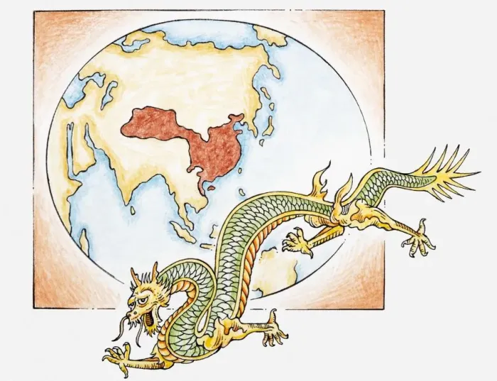 Framed Print : Illustration of Chinese dragon in front of map of China c. AD626 in the era of the T ang dynasty Framed Print : Illustration of Chinese dragon in front of map of China c. AD626 in the era of the T ang dynasty