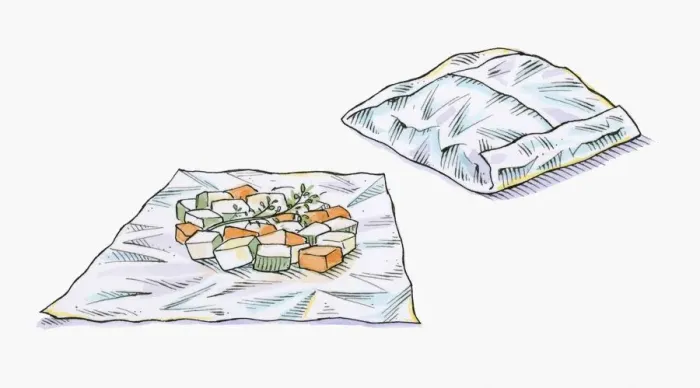Framed Print : Illustration of chopped vegetables on foil and vegetables wrapped in foil parcel Framed Print : Illustration of chopped vegetables on foil and vegetables wrapped in foil parcel